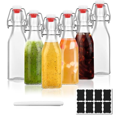 ZhouZGlass 6 pcs Glass Bottles with Stoppers 250ml/8oz Swing Top Glass Kombucha Bottles with Swing Clip for Home Brewing Oil Vinegar Beer Wine Cider Soda