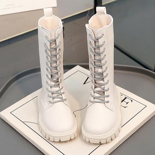 Girls Solid Lace Up Boots Leather Mid Calf Combat Riding Boots Side Zipper Punk Goth Lug Sole Booties3