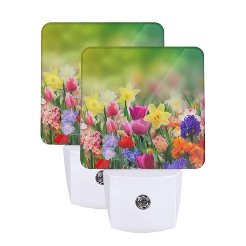 Image of Summer Colorful Flowers Night Light Set of 2, Spring Floral Auto Sensor LED Dusk-to-Dawn Nightlights, Plug-in Sensor Lamp for Bedroom Bathroom Kitchen Hallway Stairs Decorative