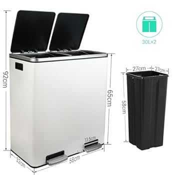 新品【DULTON】2 COMPARTMENT BIN 60 Double Compartment Bin 2 x 30 L, Soft Close Lid, Pedals
