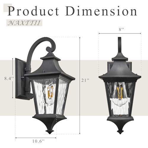 Image of Outdoor Wall Lights 21 Inch Large Size Exterior Porch Lights Wall Mount with Water Ripple Glass Black Outdoor Porch Light for Houses E26 Socket Downward Installation