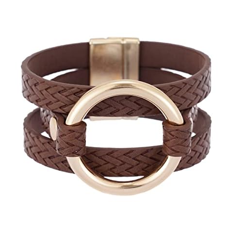 Plumiss Leather Wrap Bracelet Boho Cuff Bracelet 3W with Magnetic Clasp for Women, 7.67inch, Leather, no gemstone Cover