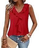 Gaharu Sleeveless Blouse Tops: Dressy Casual Chiffon Shirt - V Neck Ruffles for Office Wear Under Blazers - Fashion Women Essentials Red M