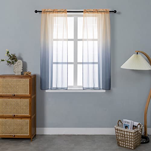 GIRASOLE HOME Paire de rideaux voile semi-transparents, couleur dégradée, jaune et gris, rideau pour salon, chambre, cuisine, intérieur, 2 panneaux avec poche 70 x 138 cm