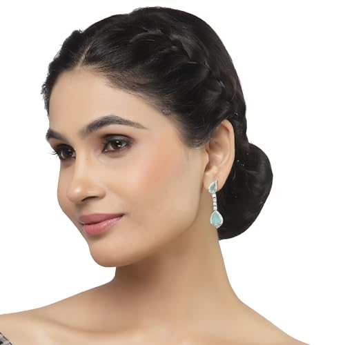 Rhodium-Plated Teardrop Drop Earrings with American Diamond Studding