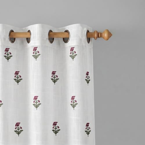 Image of LINENWALAS Decorative Cotton Linen Sheer Curtains 9 Feet for Long Door -Block Printed Door Curtain | Grommet Hanging Style Pack of 2 Panels |Light Filtering Sheer Drapes (Rose Butta)