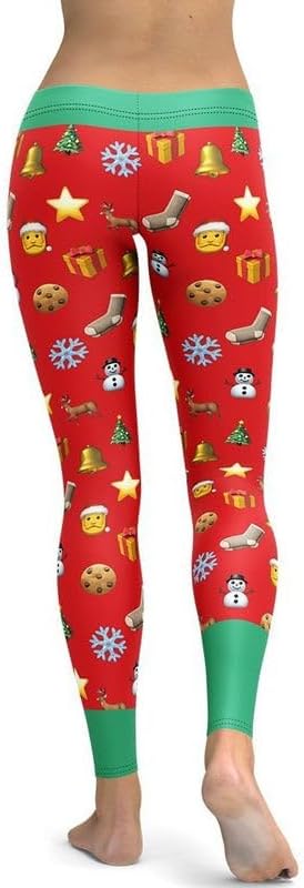 FIERCEPULSE Christmas Emoji Leggings for Women - Soft Mid Waist Holiday Icon Printed Yoga Pants Stretchy Workout Gym Tights