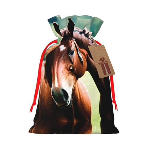 Cvnbmakk 2頭の馬のクリスマス巾着ギフトバッグ LとMサイズの不織布トートバッグはホリデーパーティーに最適