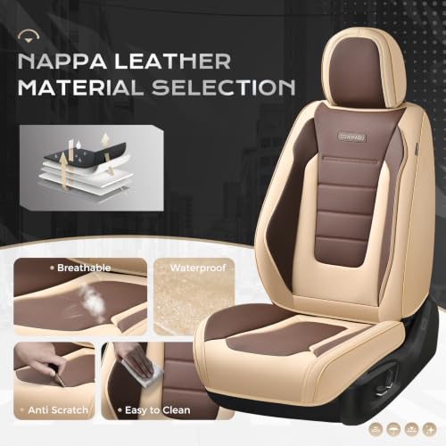 Image of Coverado Car Seat Covers Front, Seat Covers for Cars, Waterproof 2-Pack Car Seat Cushions, Leather Carseat Seat Protectors, Universal Seat Covers Fit for Most Sedans SUV Pick-up Trucks(Beige&Coffee)