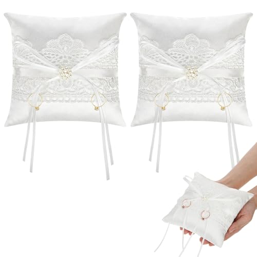 Fiwochic 2 Pcs Wedding Ring Bearer Pillow Lace Pearl Ivory Satin Bowknot Ring Bearer Cushion for Ceremony Wedding Party
