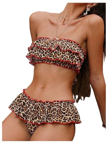 Image of GORGLITTER Bandeau Bikini Sets for Women Cute Polka Dots Layered Ruffle Trim Tie Back Swimwear 2 Piece Retro Bathing Suits Khak Leopard Medium