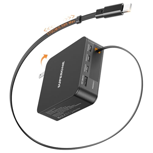 SUPERONE MacBook Charger with 5.58FT USB C Retractable Cable, 5 Ports GaN Laptop Charger, 143W USB C Fast Charger for MacBook Pro/Air M4/M3/M2/M1, iPhone17/16/15, iPad, Samsung Galaxy and More Devices