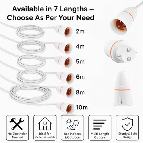 Image of Hi-Plasst Bulb Holder and Adaptor with 10 mtr 2-Core Flat Wire - B22 Socket & Plug for DIY, Experiments, Parties, Festive Decorations (Diwali, Christmas, Wedding, Home Lighting) inch