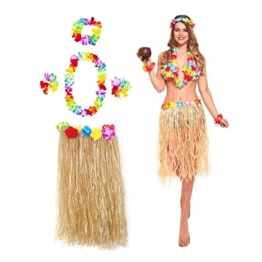 JZK 5 in 1 Traje Fiesta Hawaiana Disfraces Falda Hula Diadema de Flores Pulsera Lei Guirnalda Collar para niñas Mujer Fiesta Hawaiana Luau Accesorio Fiesta Hawaii