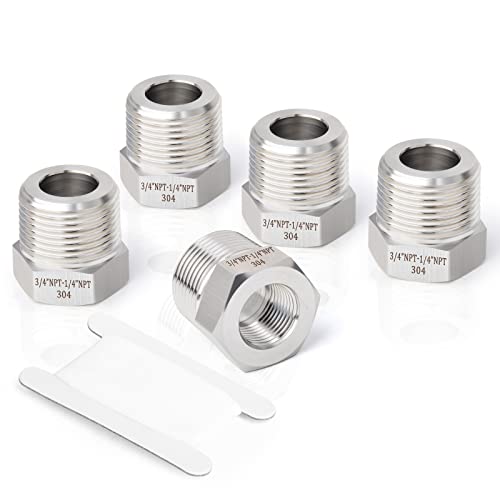 TAISHER 5PCS Forging of 304 Stainless Steel Reducer Hex Bushing, 3/4" Male NPT to 1/4" Female NPT, Reducing Forging Pipe Adapter Fitting