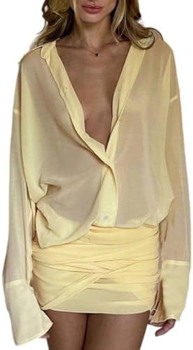 Geulis Women's Sheer Shirt Dresses Summer Long Sleeve Button up Blouse Mesh Sexy