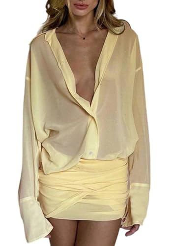 Geulis Women's Sheer Shirt Dresses Summer Long Sleeve Button up Blouse Mesh Sexy See Through Bodycon Mini Dress Yellow