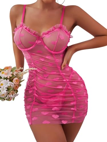 Lilosy Sexy Sheer Heart Mesh Underwire Ruched Ruffle Babydoll Club Cami Strap Lingerie Set with Thong See Through Chemise Hot Pink Medium - Thumbnail 4