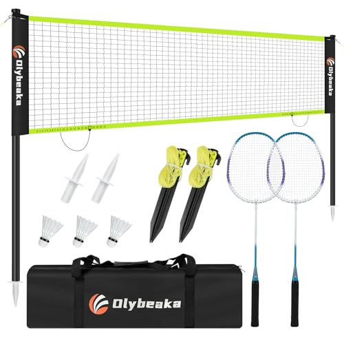 12ft Badminton Net Set for Backyard Beach with Durable Anti-Sagging Net Heavy Duty Poles 2 Aluminum Badminton Rackets 3 Shuttlecocks Carry Bag - Easy Setup & High Stable (Red 12ft)