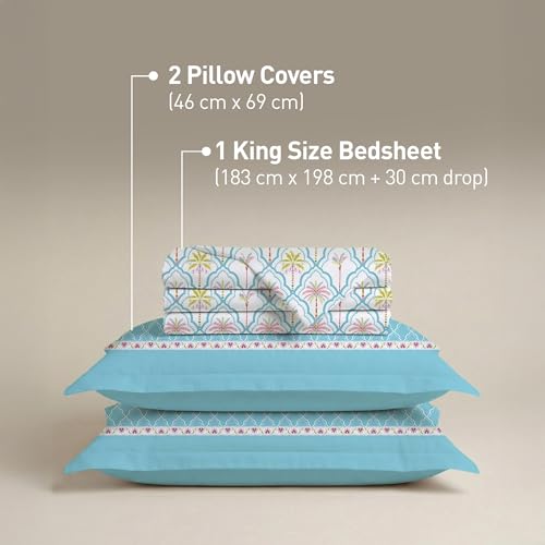 Image of MYTRIDENT Soft Comfort Bedsheet for Double Bed King Size | 182 cm x 198 cm + 30 cm | 200 TC, Sateen Weave, 100% Cotton, Elastic fittedsheet with 2 Pillow Covers and Breathable - Fiona