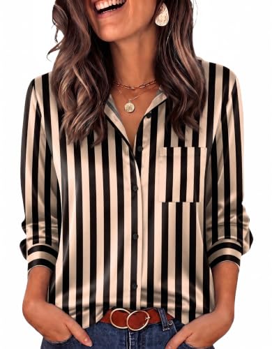 Zeagoo Silk Button Down Shirts Long Sleeve Business Casual Stripes Tops