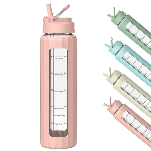 VIMOZTOM 32 oz Glass Water Bottle with Lid and Straw, ...