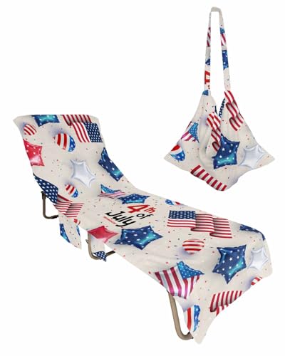 Independence Day Beach Chair Towel Covers for Chaise Lounge with Side Pocket, Soft Plush Pool Towels Cover for Patio Sunbathing Outdoor 29''x85'' Freedom Stripes Stars Vintage Flag