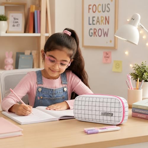 Image of Wooum Wide Opening Pencil Bag, Pen Pouch, Pen Bag, Pencil Holder, School Supplies Stationary Bag Big Capacity (White-Checks)