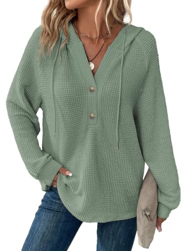 Image of Dokotoo Hoodies for Women Waffle Knit Button V Neck Casual Sweatshirt Tops