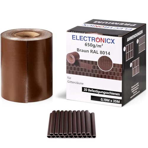 Electronicx Premium PVC Sichtschutzstreifen RAL 8014 Braun | Hochwertige Zaunfolie Doppelstabmatten | 35m x 19 cm | 650g/m² | UV-beständig, extra langlebig, Blickdicht, inkl. 20 Befestigungsclips