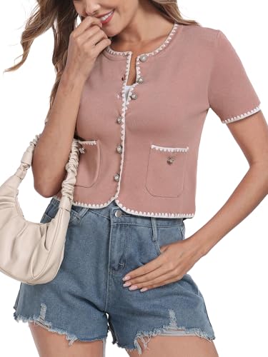 M.Infisavo Summer Sweaters for Women Lightweight Cardigan 2025 Round Neck Short Sleeve Elegant Cropped Tops Shirts2