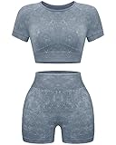 OLCHEE Womens Workout Sets 2 Piece - Seamless Acid Wash Yoga Outfits Leggings Shorts and Crop Top Matching Gym Activewear Athletic Clothing Set - Grey Large