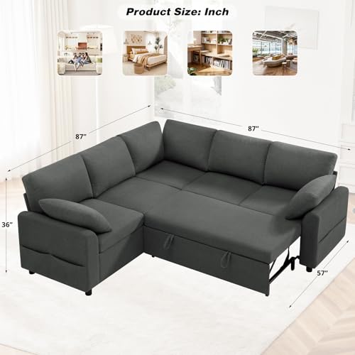 Image of 87 inch Fabric Sectional Sofa w /Pull Out Bed & Storage Space, Grey