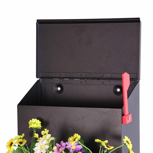 Image of Wall Mount Mailbox with Flower Planter - Black Large Capacity Security Wall Mounted Mailbox - Waterproof Vertical Drop Mail Box Outdoor