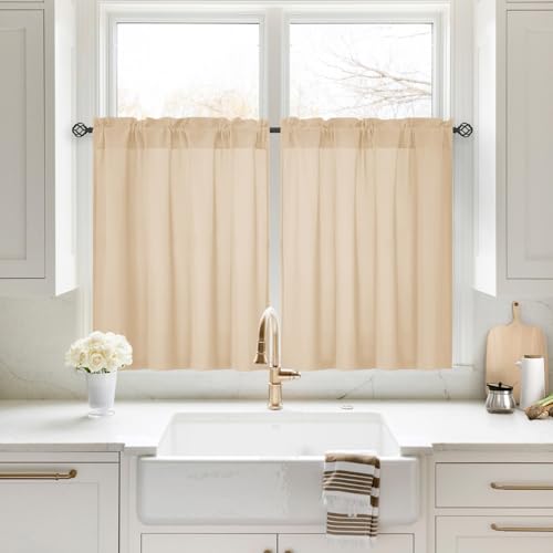 HOMEIDEAS Non-See-Through Beige Privacy Sheer Kitchen Curtains, W30 X L36