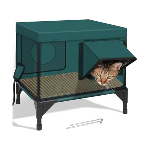 Highly Sturdy Heated Cat House for Outside Cats in Winter, Safe Escape Door, 100% Waterproof Awning, Elevated Feral Cat House Shelter w/Heater for Barn Cover