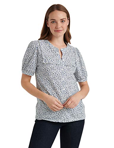 Lucky Brand Women's Short Sleeve Button Up Printed Ruffle Bib Top, Blue Multi, L