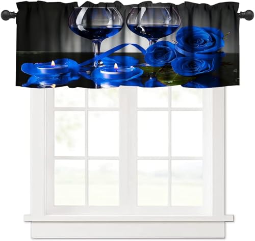 ZhiRain Blue Rose Wine Valance Curtain Romantic Glass Blossom Floral Flower Petals Valentine Rod Pocket Valance Window Treatments 1 Panel Short Curtains for Kitchen Living Room Decor 54x18 in