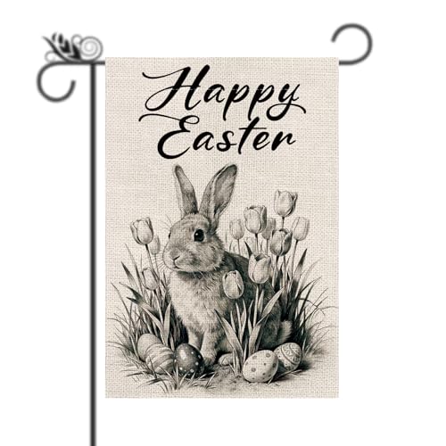 Easter Garden Flag - Bunny Cute Sketch Style Happy Easter Burlap Double Sided Vertical Holiday Spring Yard Outdoor Decor 12.5 x 18 Inch