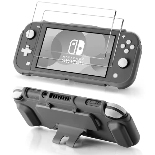 Protective Case Bundle For Nintendo Switch Lite, Tempered Glass Screen Protector, 4 Game Card Slots, Kick-Stand, Ergonomics Hand Grip, Shockproof, Anti-Scratch, Slim For Nintendo Switch Lite Case Gray #TOP18