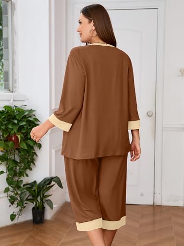 AusLook Women’s Plus Size Pajama Sets Moka Brown 3X Soft 3/4 Sleeve Nightwear Top and Capri Pants Lounge Set with Pockets — view 6
