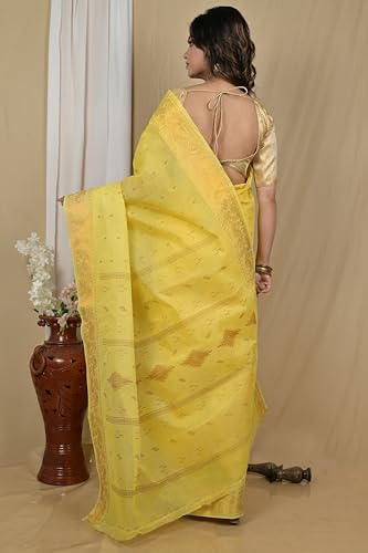 Image of eC ESHA'S COLLECTION Women's Kerala Cotton Floral Motif Printed Zari Bordered Tant Saree Without Blouse Piece