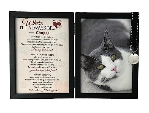 Where I'll Always Be Cat Memorial Photo Frame - Thoughtful Pet Memorial Gift (Personalized Poem Art Framed with Pet Tag)