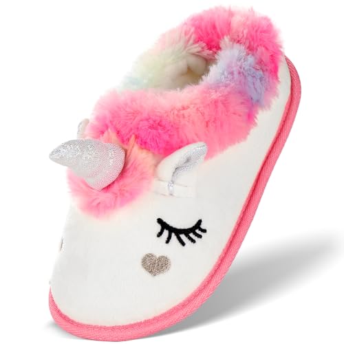 Ibeauti Cute Animal Slippers for Kids Boys Girls Memory Form Warm Plush Winter House Slippers Shoes(Pink Unicorn,US,Big kid 4-5)