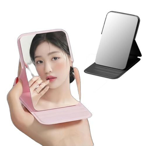 2 Pack Mini Portable Makeup Mirrors - Foldable Desktop Mirror with Leather Case HD Anti-Distortion Glass for Students Travel & Dorm (black& Pink 10cm)