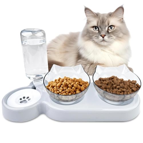 Comzantor 3 in 1 Porta Ciotole per Gatti Rialzate, 15°Inclinate Doppia Ciotola per Gatti Rialzata Inclinata, Ciotola Gatto con Borraccia, Rimovibile Ciotole Rialzate per Gatti Acqua (Grigio)