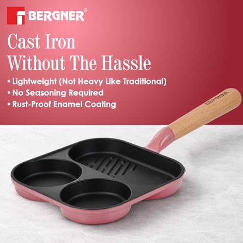 Image of BERGNER Excalibur Lightweight Cast Iron 18cm Breakfast Pan, Sturdy Wooden Handle, Non-Stick Coating, PFAS Free, Perfect Heat Distribution, Elegant Design - Induction Compatible (Pink)
