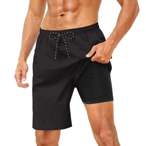 Cozople Compression Board Shorts for Mens Swimming Trunks 9" Inseam 2 in 1 Quick Dry Swim Shorts with Boxer Brief Liner Stretchy Swimwear Pool Swimming Summer Surfing Black