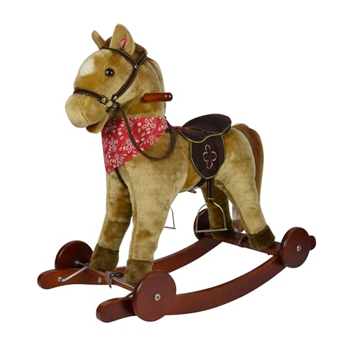 Cavallo a Dondolo per Bambini da 36 a 72 Mesi Cavalcabile in Legno e Peluche con Rotelle Suoni e Movimenti Realistici...