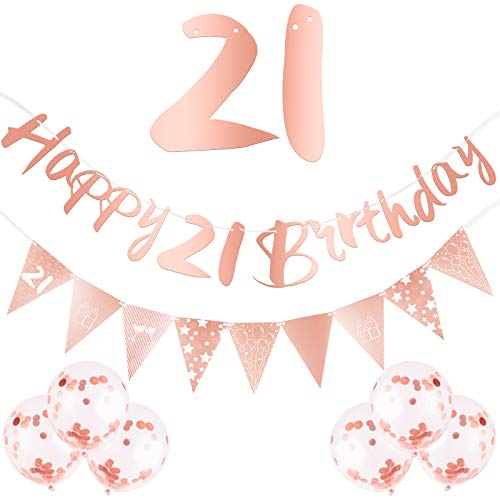 ADXCO - Juego de 8 decoraciones para el 21 cumpleaños, incluye banner de oro rosa, bandera de triángulo y confeti globos de látex para decoración de fiestas, suministros de fiesta de cumpleaños Cover